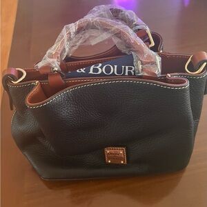 Dooney & Bourke Black Leather Satchel with Brown Trim and Gold Hardware